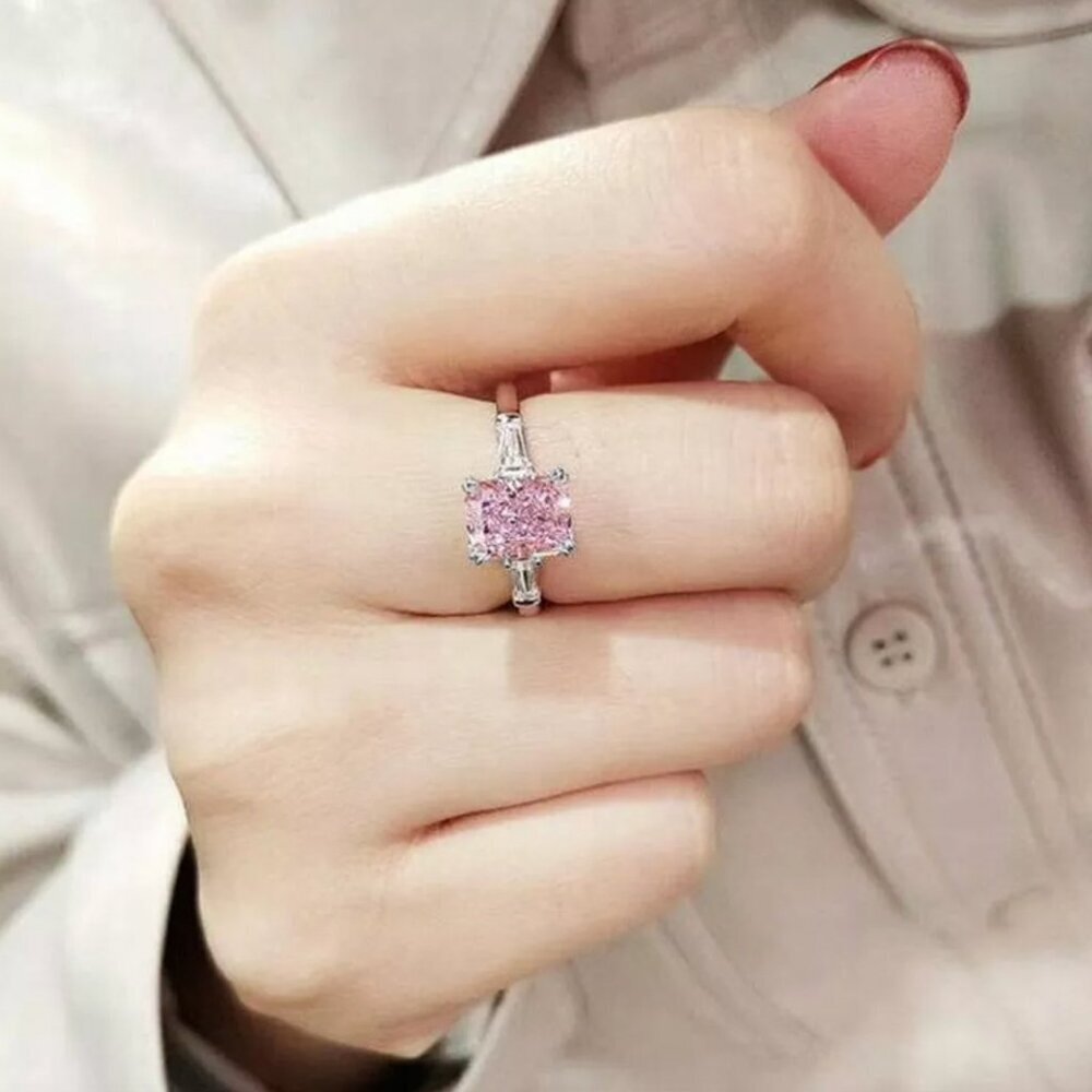 NEW 14k White Gold Pink Sapphire Diamond Ring Emerald Cut - Picture 4 of 4